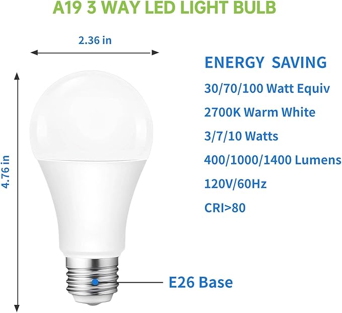 VVH 6-Pack 3 Way Bulb 30 70 100W Equivalent Light Bulb,Warm White,Three Way A19 LED Bulb E26 Base for Bedroom,Living Room,Kitchen