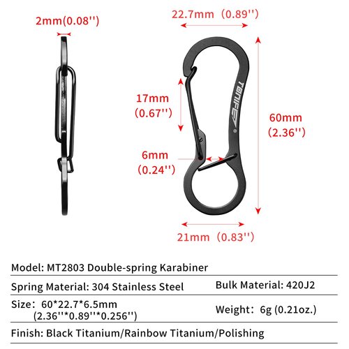 TONIFE Carabiner Clip 2-Pack, Stainless Steel Carabiner Keychain, Spring Snap Hook for Dog Leash and Key Ring (MT2803 Polishing*2)