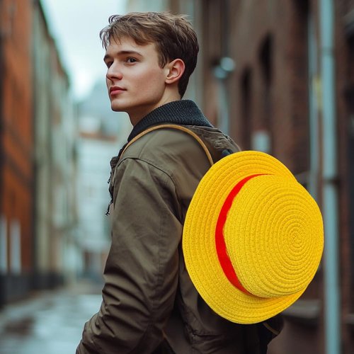 shiningsoul 3-in-1 Anime Pirate Captain Hat Cotton Rope Backpack + Strawhat Key Case + Enamel Pin - Anime Cosplay Daypack, Great Gift for OP Fans