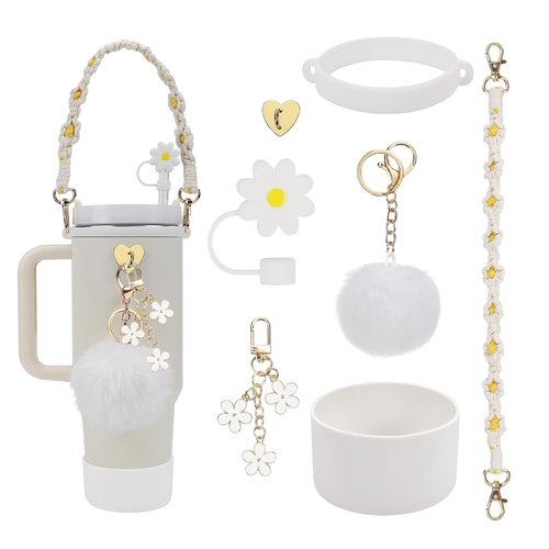 Stanley Cup Accessories Set - 7 Piece Collection: Water Bottle Handle, Silicone Boot, Straw Cover, Charms for 40/30 oz Tumbler (White)