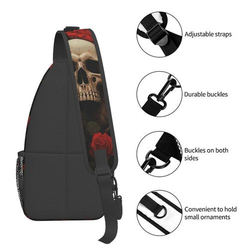 Mqtzyiwx Gothic Rose Blood Skull Sling Backpack Hiking Backpack Crossbody Bag Sports Lightweight And waterproof Chest Bag Shoulder Bag For Women Men