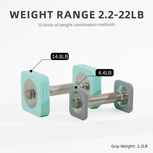 DHT Adjustable Dumbbells, Dumbbell Sets with Rack, Free Weights Dumbbells Set, All-Purpose Fitness, Anti-Rolling, Weights Set for Gym, Home, Office, 2.2-22 lbs, 1 Set Macaron