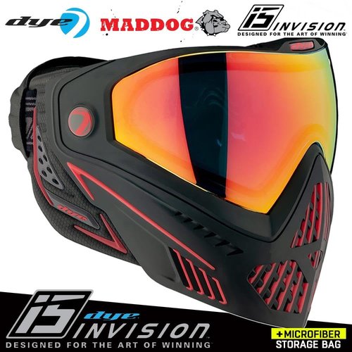 Maddog Dye i5 Thermal Dual-Pane Anti-Fog Lens Paintball Airsoft Mask Goggle System Combo with Microfiber Storage Bag | High Performance Safety Certified Protection - Fire 2.0 - Black/Red