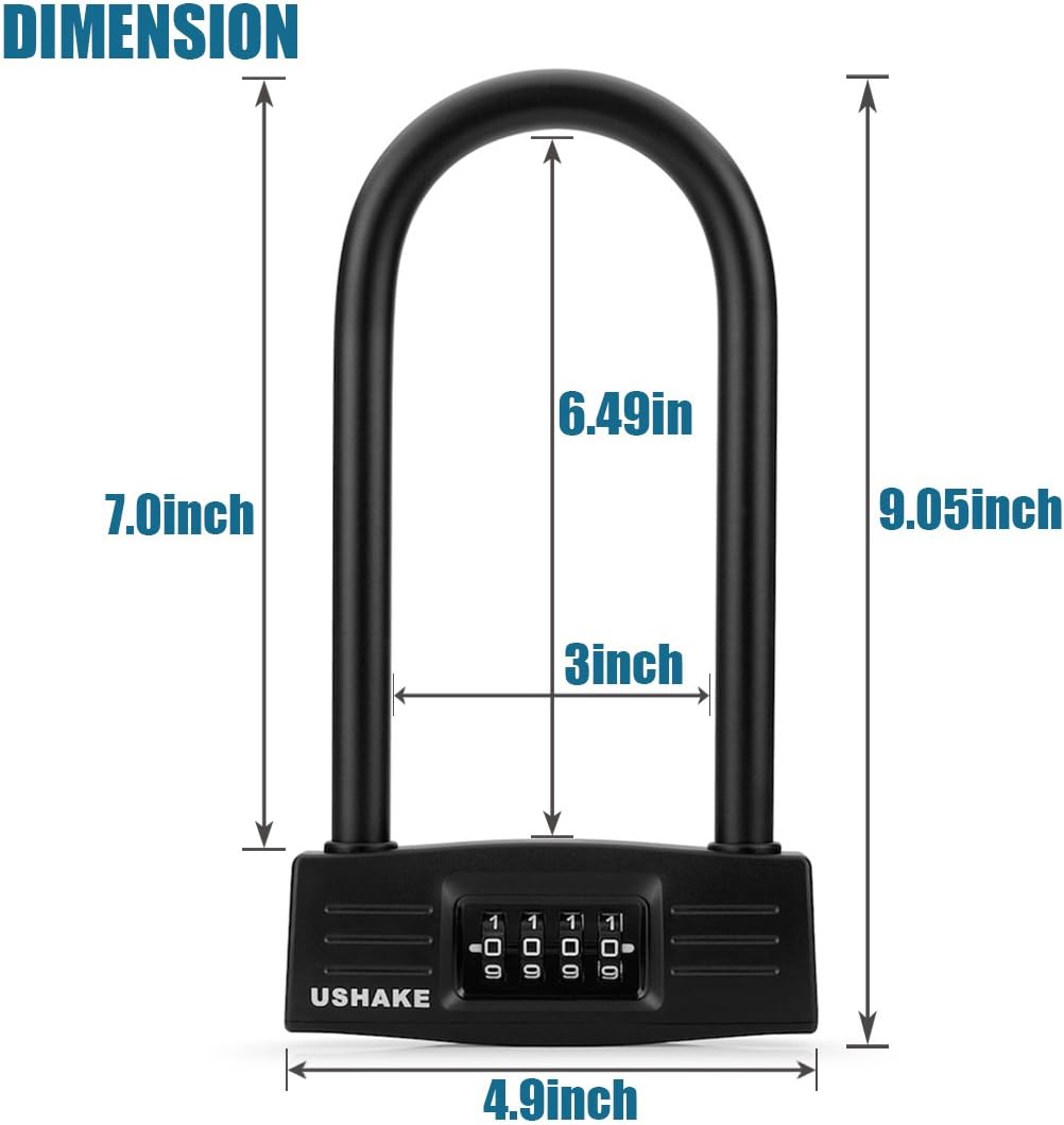 USHAKE Bike Combination U Lock, Heavy Duty Bike Combination U Lock Paddle Lock for Bicycle Electric Scooter Motorcycles Metal Fence Gate Anti Theft