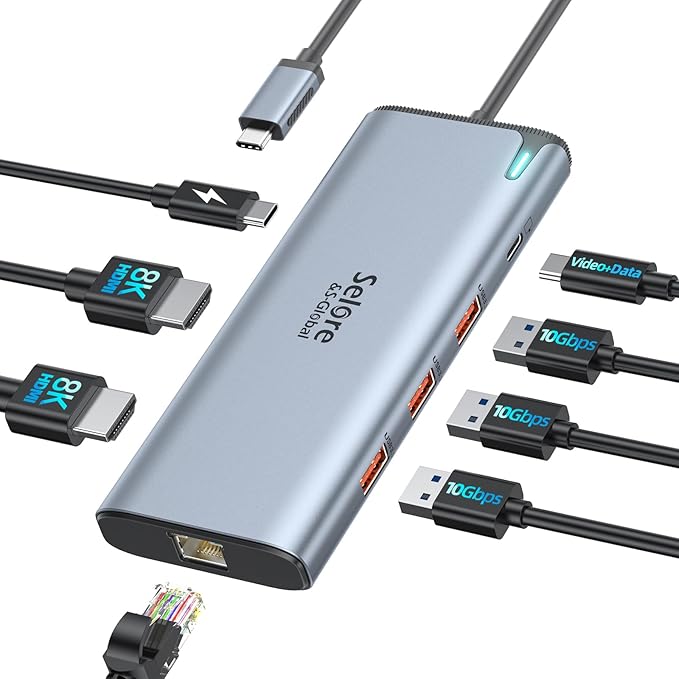 Docking Station USB C Video,8K Laptop Docking Station Dual Monitor 8K@60Hz 2*HDMI,USB-C Hub with USBC Video Output,4 * 10Gbps USB Port,Ethernet,100W PD for Portable Monitor,MacBook Pro/Air,Dell,HP