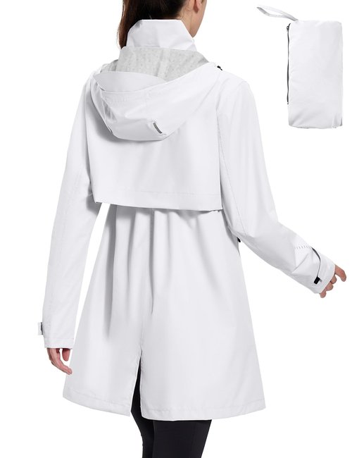 baleaf Women's Long Rain Coat Packable Waterproof Windbreaker Lightweight Cycling Jacket with Hood White M