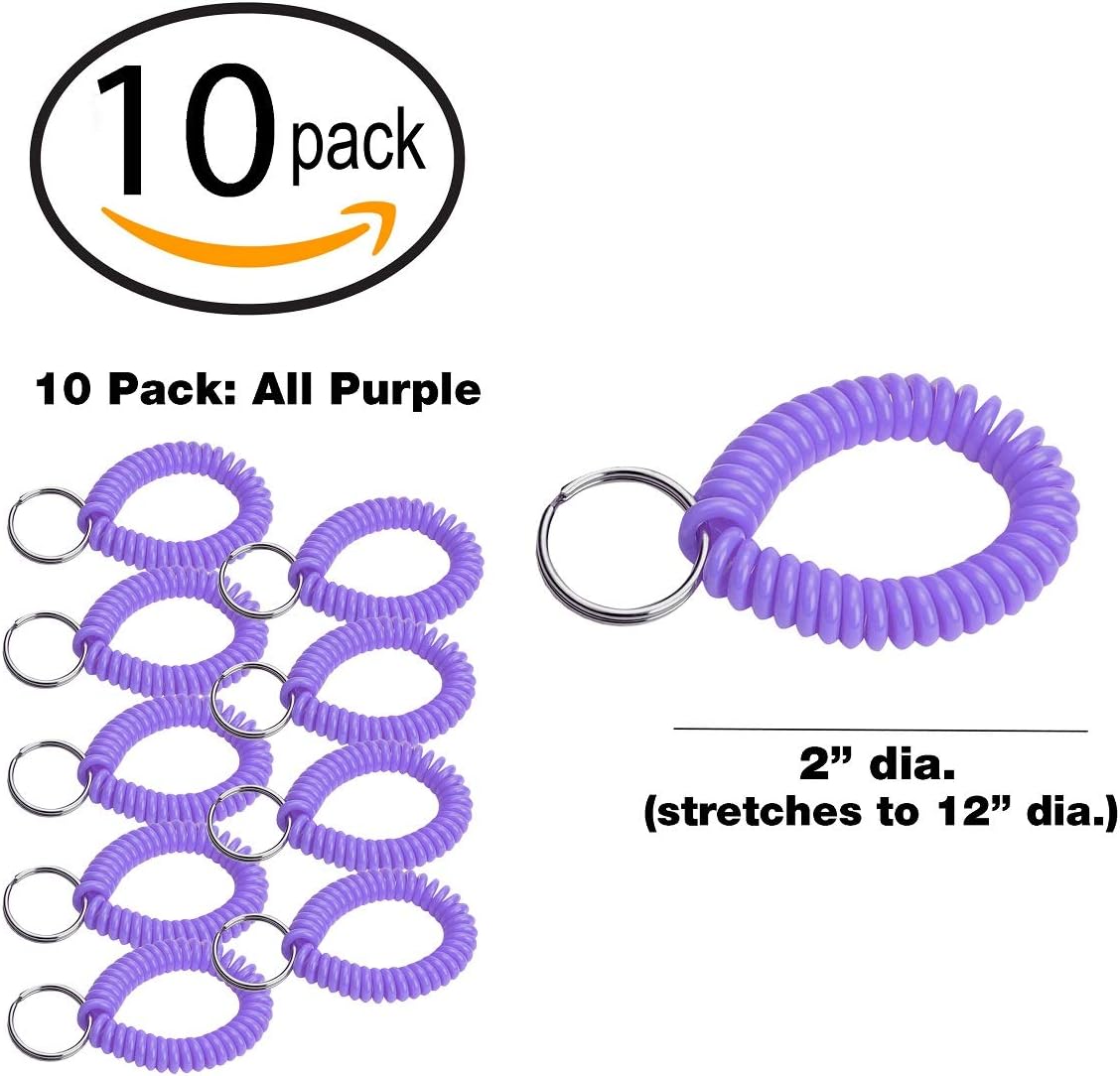 ucky Line 2” Spiral Wrist Coil with Steel Key Ring, Flexible Wrist Band Key Chain Bracelet, Stretches to 12”, Purple, 10 Pack (41065)