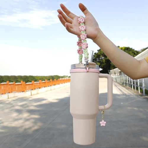 LAMOOER Water Bottle Handle Strap Silicone Woven Water Bottle Handle Sling with A Flower Charm Fits Most 8-40oz Water Bottles, Compatible with Stanley Cup Accessories (Pink)