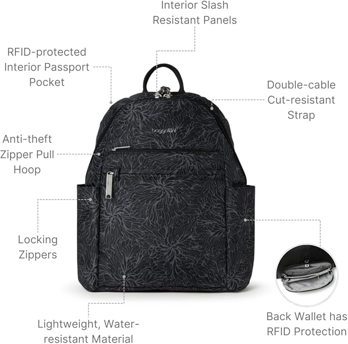 Securtex® Anti-theft Vacation Travel Backpack 10x13" Slash-Resistant Nylon Daypack w/RFID, Midnight Blossom