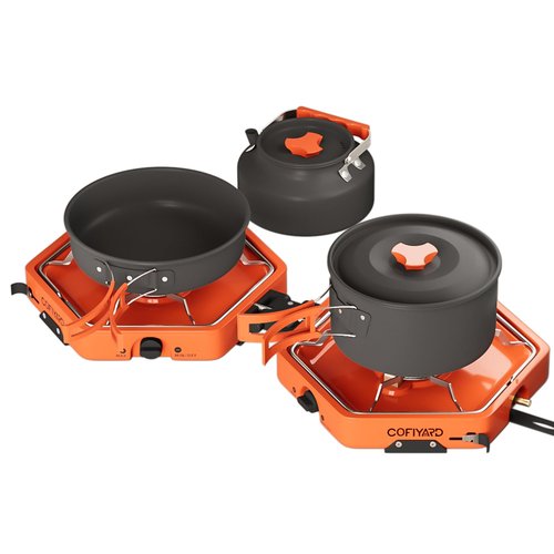 Cofiyard Propane 2 Burner Camping Stove with Camping Cookware, Outdoor Folding Propane Gas Stove, Camp Portable Stove and Camping Cooking Set, With 17,000 Total BTUs for BBQ, Tailgating, Camping