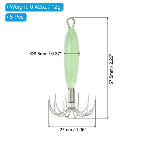 PATIKIL 12g Luminous Squid Jig Hooks, 5 Pcs Cuttlefish Sleeve Saltwater Fishing Lures Bait Jig Glow in Dark with 12 Stainless Steel Needles, Green