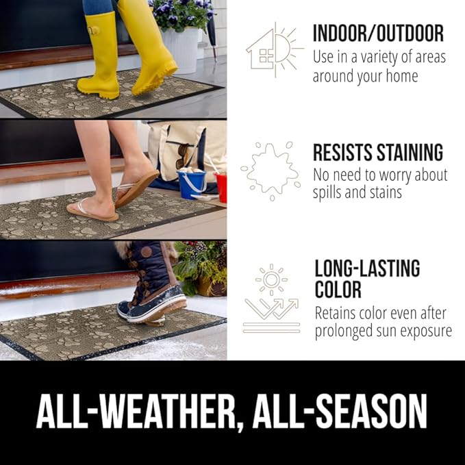 GORILLA GRIP 100% Waterproof All-Season WeatherMax Doormat, 23x35, Durable Natural Rubber, Stain and Fade Resistant, Low Profile, Indoor Outdoor Door Mats, Easy Clean Patio Entry Mat, Tan Pawprints