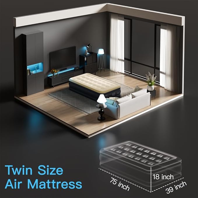 Twin Air Mattress with Built in Pump Raised,Upgraded Single Blow Up Bed,2 Mins Quick Self Inflatable/Deflation,18"/550lbs Max, Strong Support,No Leakage,No Odor,for Home,Guests,Camping,Travel