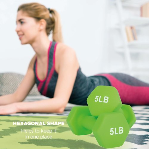 X-RUSH Neoprene Dumbbell 5lbs Hand Weights, Sets of 2 with Multiple Weight Options, Hexagon Non-Slip Weights for Home Gym Yoga Pilates Workout - Green