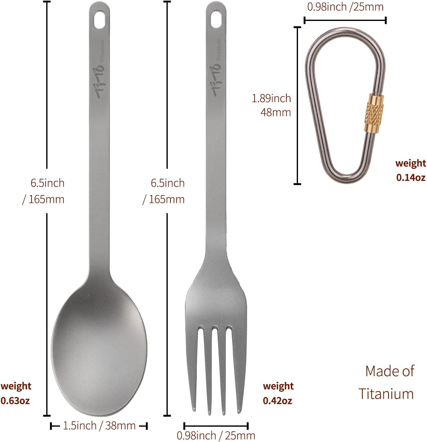 TiTo Titanium Camping Cutlery Set - Fork and Spoon With Carabiner Clip Ultralight Portable Titanium Flatware Safe Durable for Outdoor Hiking Backpacking