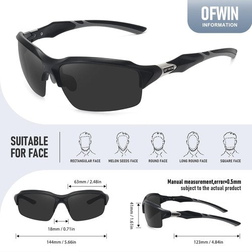 Ofwin Polarized Sports Sunglasses for Men Women Wrap Around Half Frame Cycling Fishing Bike Running Sun Glasses UV Protection Matte Black Frame/Gray Lens
