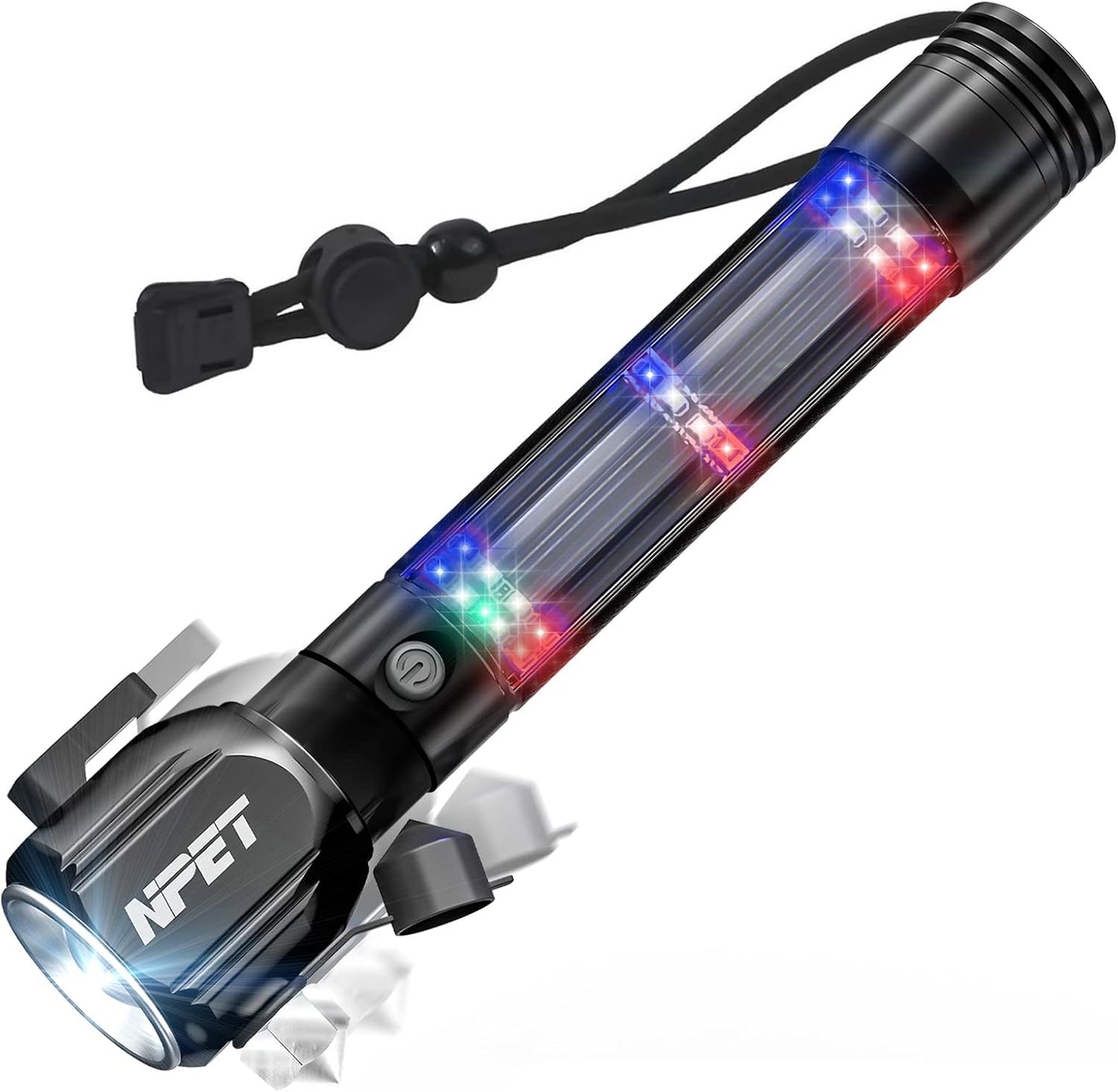 NPET T10 Car Flashlight 500 Lumens LED COB Light Solar Powered USB Rechargeable Tactical Multi-Function Torch Tool with 120dB Siren Window Breaker Seat Belt Cutter Compass for Camping