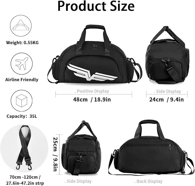FIORETTO 30L Sports Gym Duffle Bag with Wet Pocket & Shoe Compartment, Weekender Hospital Overnight Bag for Women, Sports Holdall Backpack