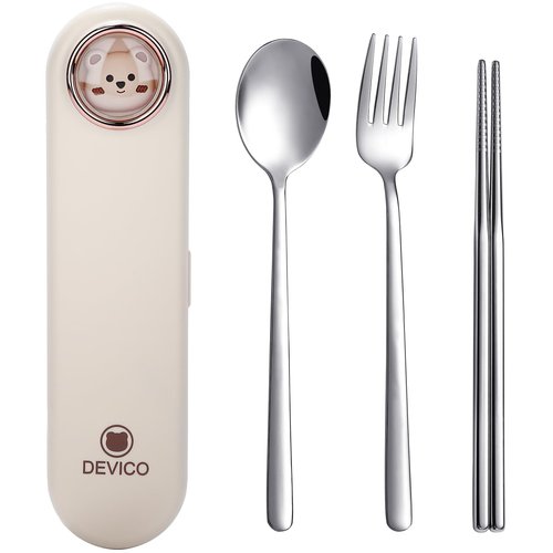 DEVICO Travel Utensils with Case Cute, Reusable Silverware for Lunch, Portable Cutlery Set, 18/8 Stainless Steel Fork Spoon Chopsticks in Cartoon Case, Dishwasher Safe (Light Yellow)