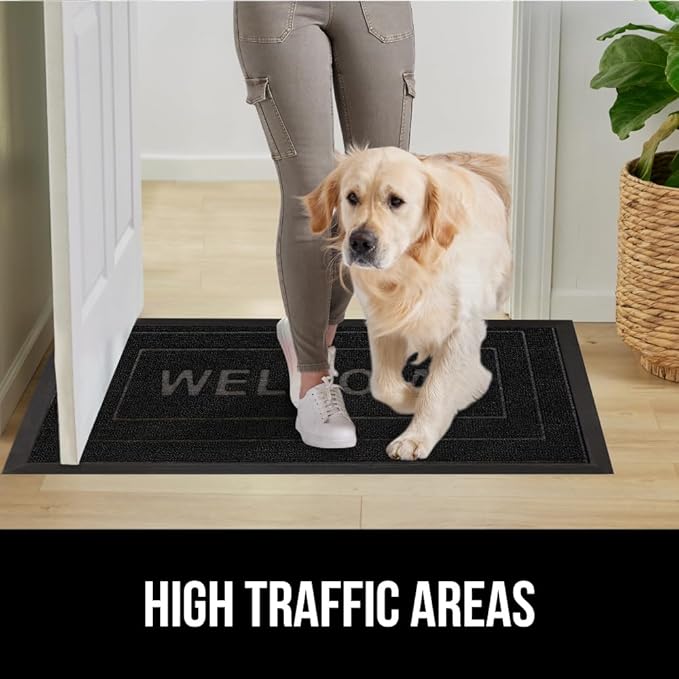 GORILLA GRIP 100% Waterproof All-Season WeatherMax Doormat, 23x35, Durable Natural Rubber, Stain and Fade Resistant, Low Profile, Indoor Outdoor Doormats, Easy Clean Patio Entry Mat, Black Welcome