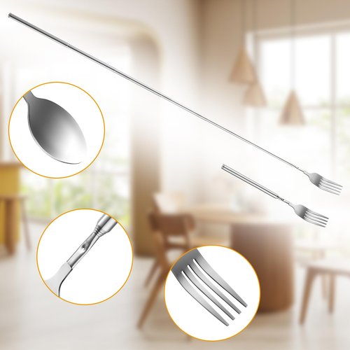 Gjinxi 2PCs Extendable Fork and Spoon, Long Handle Telescoping Tableware, Stainless Steel Retractable Fork and Spoon Extender Set for Dinner, Fruit, Dessert, BBQ