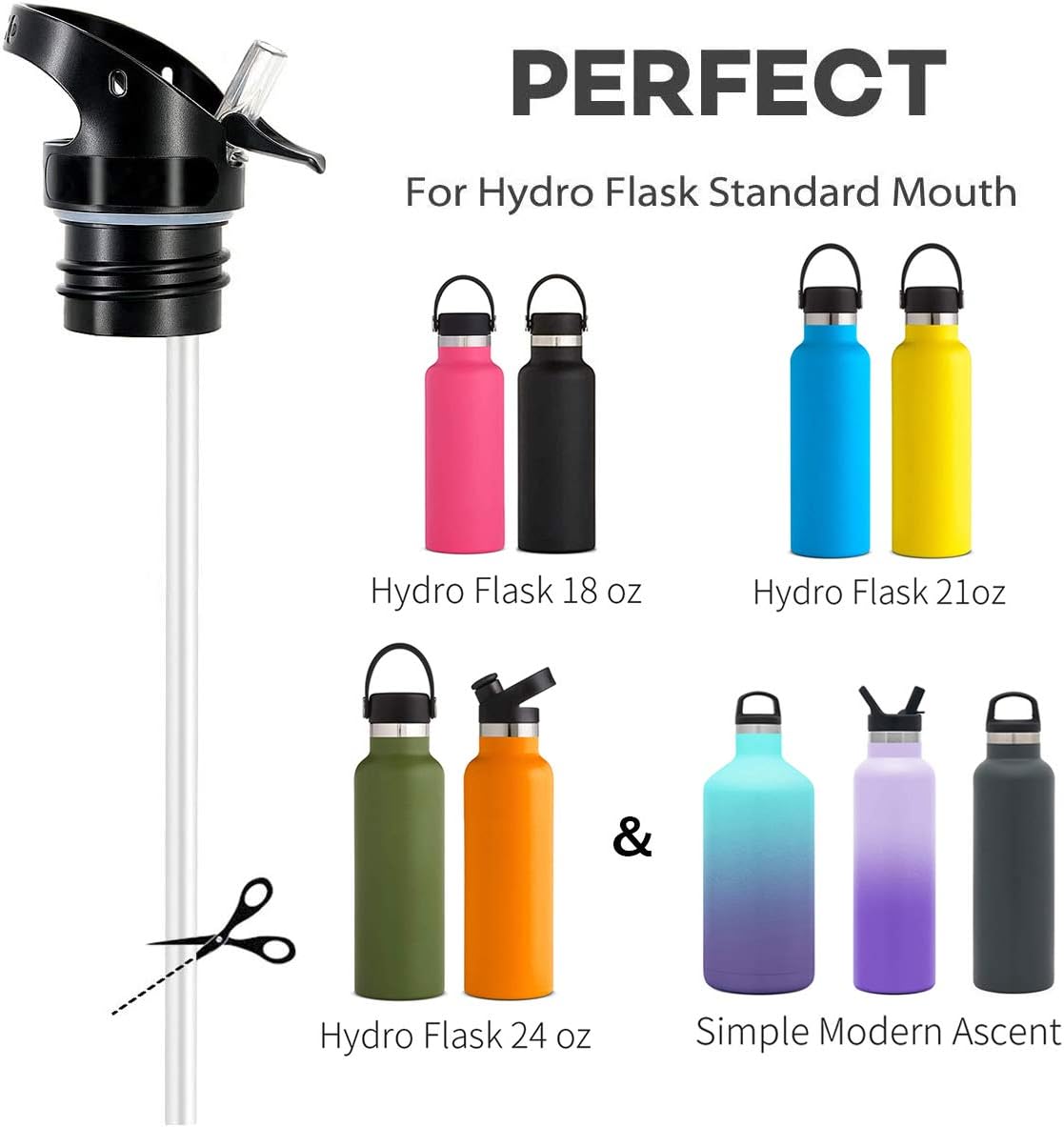 Straw Lid for Hydro Flask Standard Mouth - Multi-Compatible with Simple Modern Ascent Lid for 1.91" Mouth 18 oz, 21 oz, 24 oz Insulated Water Bottle Flip Top