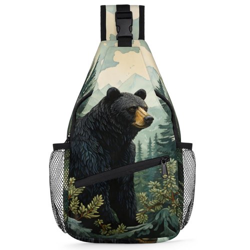 TropicalLife Black Bear Forest Animals Sling Backpack Women Men Crossbody Sling Bag Small Shoulder Chest Bag Daypack Fanny Pack for Travel Hiking Sport
