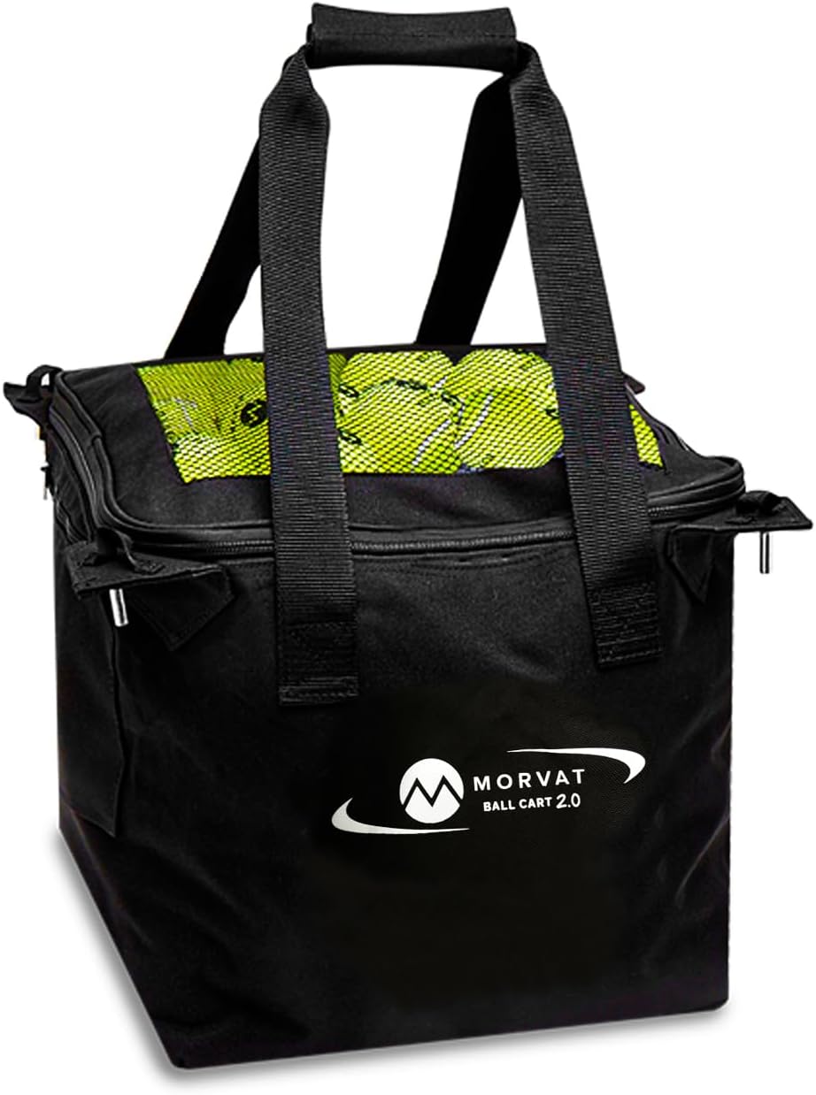 MORVAT Professional Tennis & Pickle Ball Hopper Holds 165 Balls Heavy-Duty Pro Sports Practice Cart, Foldable Portable Compact & Lightweight Zippered Pocket & Racket Holder, Carry Bag + 3 Tennis Balls