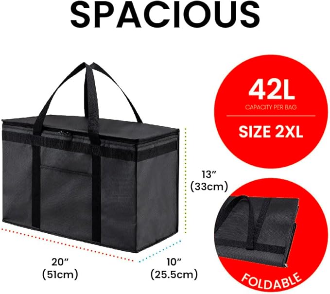 NZ home Insulated Cooler Bag and Food Warmer (XXL, 2 Pack) for Delivery & Grocery Shopping with Zippered Top, Black