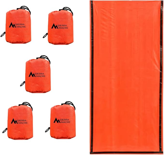 Sierra Madre Emergency Sleeping Bag – Ultralight, Waterproof Mylar Thermal Bivy Sack Tent for Hiking, Bug-Out Bags, Survival Kits – Emergency Survival Space Blanket for Heat Retention 5 Pack