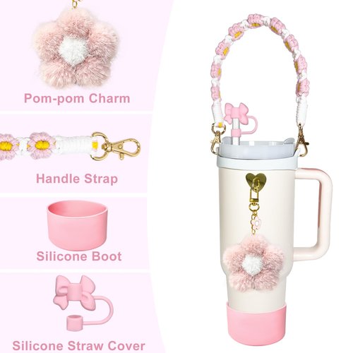 with Stanley Cup Accessories including Cute Pom-pom Stanley Charms, Water Bottle Handle Strap, Silicone Boot, and 0.4" Straw Cover for 30oz 40oz Tumbler Accessories, Pink