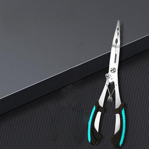 BSPIX Fishing Gear Set - Long Nose Stainless Steel Fishing Pliers 8.5", Fish Lip Gripper, Telescopic Lanyard & Sheaths - Multi-Function Saltwater Resistant Fishing Tools (Blue)