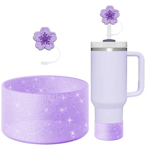 CHEMLLC Glitter Bling Silicone Boot for Stanley Cup 20 oz 30 oz 40 oz, Protector Cover for Stanley Cup Bottom, Cup Accessories Straw Cover (Bling Purple)