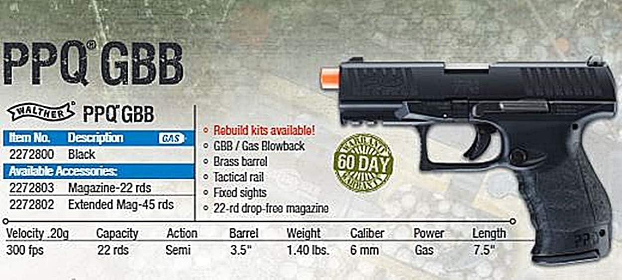 Walther PPQ GBB Blowback Airsoft Gun - Elite Force 6mm BB Pistol for Precision Shooting