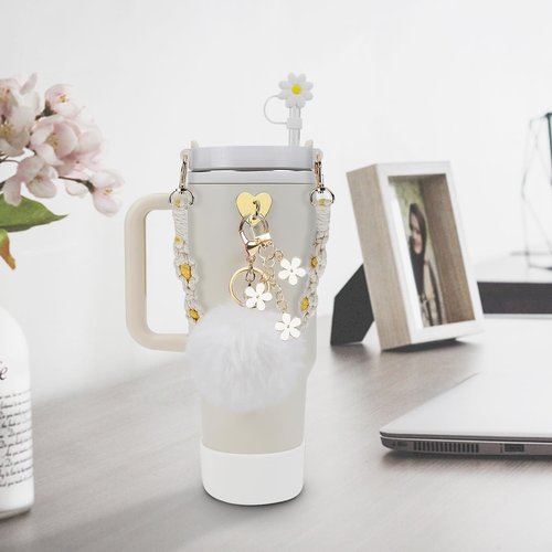 Stanley Cup Accessories Set - 7 Piece Collection: Water Bottle Handle, Silicone Boot, Straw Cover, Charms for 40/30 oz Tumbler (White)
