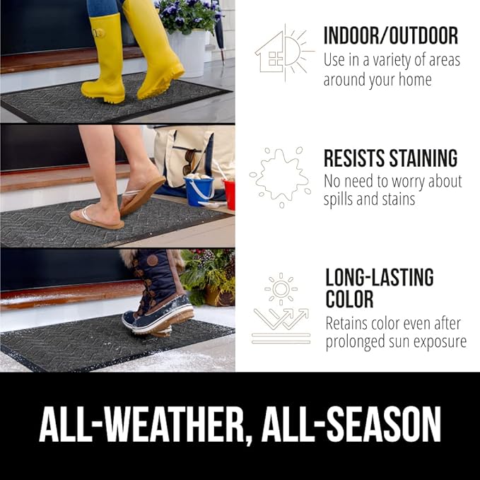 GORILLA GRIP 100% Waterproof All-Season WeatherMax Doormat, 23x35, Durable Natural Rubber, Stain and Fade Resistant, Low Profile, Indoor Outdoor Doormats, Easy Clean Patio Entrance Mat, Steel Chevron