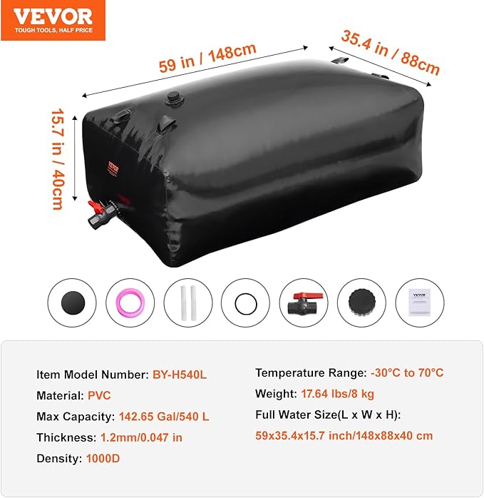 VEVOR 540L/142.7 Gallon Water Storage Bladder, RV Water Tank, 1000D PVC Collapsible Water Storage Containers, Large Capacity Soft Water Bag, Portable Water Bladder,Camping, Emergency Water Supply