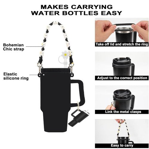 Wohoyee Water Bottle Handle Strap with Lipstick Holder, Silicone Straw Covers, Mini Cup Keychain Compatible with Flask & Stanley Cup Fits Most 16-40oz Water Bottle (Black)