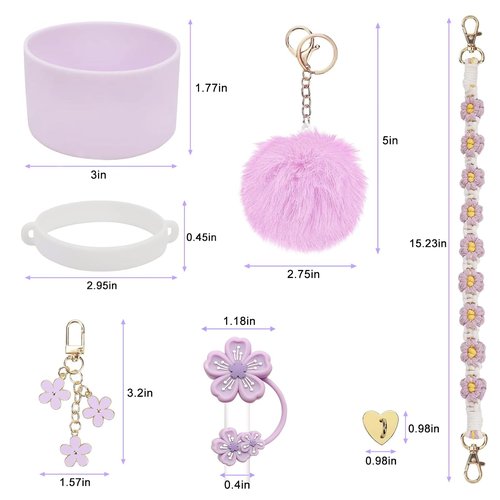 Purple 7PCS Stanley Cup Accessories Set for 30oz 40oz Tumbler - Includes Water Bottle Handle Strap, Cup Boot, Straw Cover, Handle Charm
