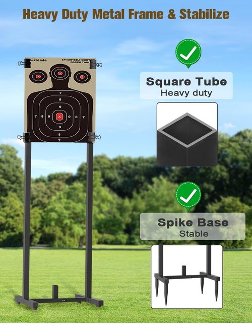 Koutemie Outdoor Shooting Target Stand with 10pcs 17x25 Inch Paper Targets, Heavy Duty Range Target Holder with Adjustable Base for Cardboard Silhouette, H Shape, Black