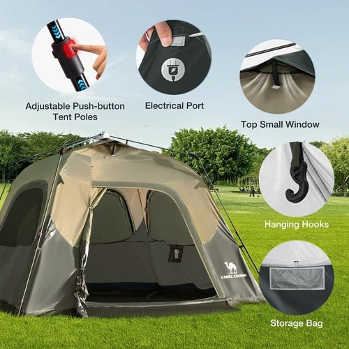 CAMEL CROWN Instant Tents for Camping 4-6 Person Tent Waterproof Easy Setup Sets Up in 60 Seconds Backpacking Tents with Carry Bag for Outdoor Hiking Sandy Brown
