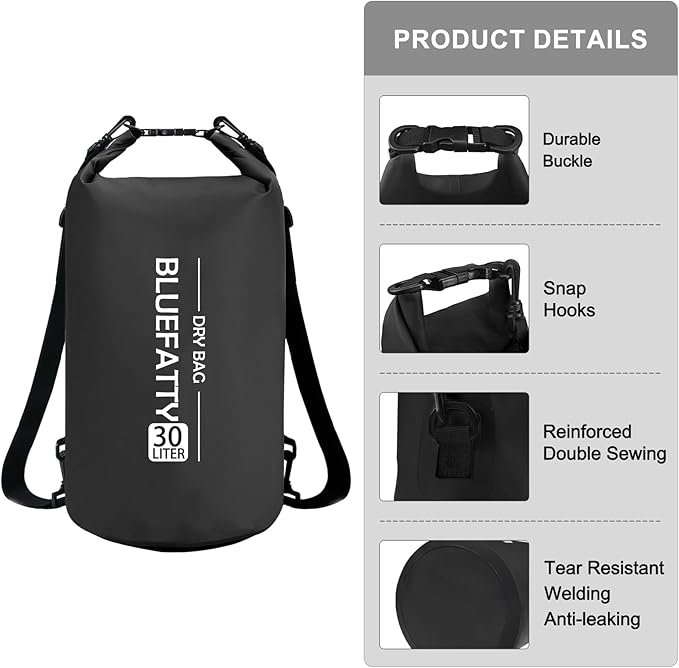Waterproof Dry Bag Floating Roll Top Waterproof Backpack for Kayaking, Rafting, Boating, SUP, Fishing with IPX8 Waterproof Phone Case, Black, 30L