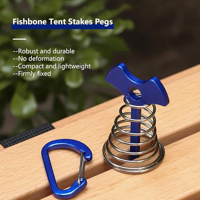 Fishbone Deck Anchor Pegs with Carabiners, Aluminium Deck Tent Stakes with Spring Buckle Aluminium Deck Windproof Tent Stakes for Outdoor Camping Hiking (10Pcs Blue)