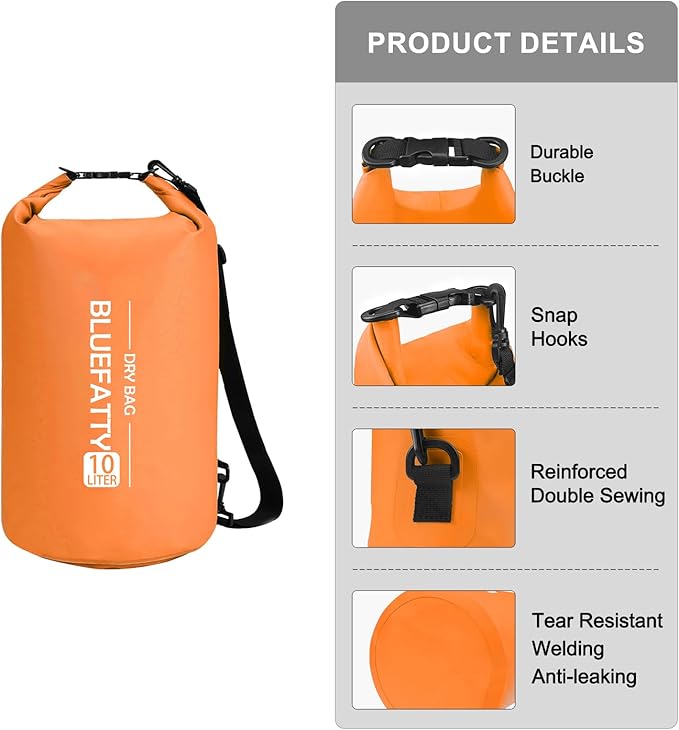 Waterproof Dry Bag Floating Roll Top Dry Backpacks for Kayaking, Rafting, Boating, SUP, Fishing with IPX8 Waterproof Phone Case, Orange, 10L