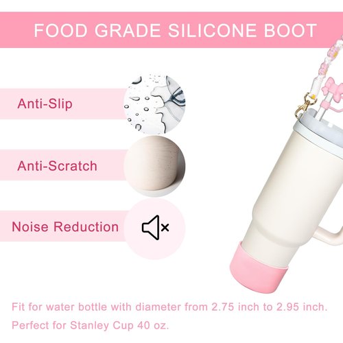 with Stanley Cup Accessories including Cute Pom-pom Stanley Charms, Water Bottle Handle Strap, Silicone Boot, and 0.4" Straw Cover for 30oz 40oz Tumbler Accessories, Pink