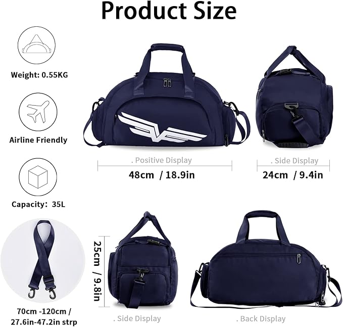FIORETTO 30L Sports Gym Duffle Bag with Wet Pocket & Shoe Compartment, Weekender Hospital Overnight Bag for Women, Sports Holdall Backpack