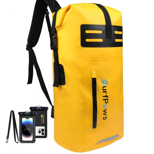 SurfPaws Waterproof Backpack - Outdoor Dry Bag for Boating, Camping, Rafting, Fishing, and More, with Waterproof Phone Pouch (Yellow, 35L)