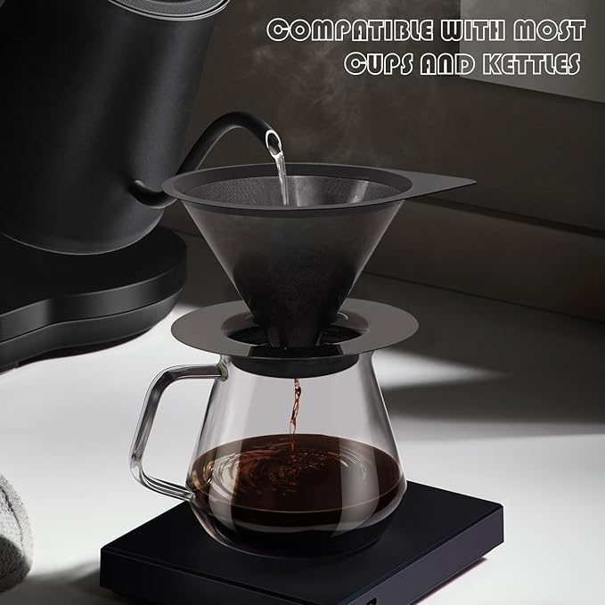 LHS Pour Over Coffee Dripper Reusable Coffee Filter Paperless Coffee Filter Stainless Steel Pour Over Coffee Maker Cone Coffee Dripper for 1-2 Cup,Black
