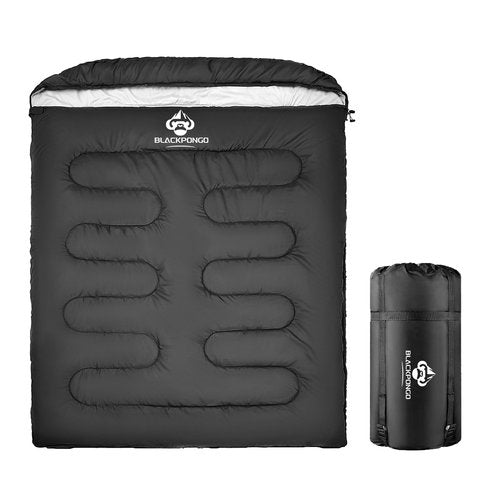 Blackpongo Double Sleeping Bag for Adults Men Women, XL Queen Size Two Person Sleeping Bag for All Season Camping Hiking Backpacking 2 Person Sleeping Bags for Cold Weather & Warm (Black)