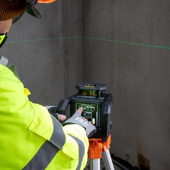 Klein Tools 93RLS Green Self-Leveling Rotary Laser Level Kit, Horizontal/Vertical with Plumb Spot, 1150-Foot Range, Rechargeable, Tripod, Detector, 9-Foot Grade Rod, Carrying Case, ≤ 5mW Class 3R